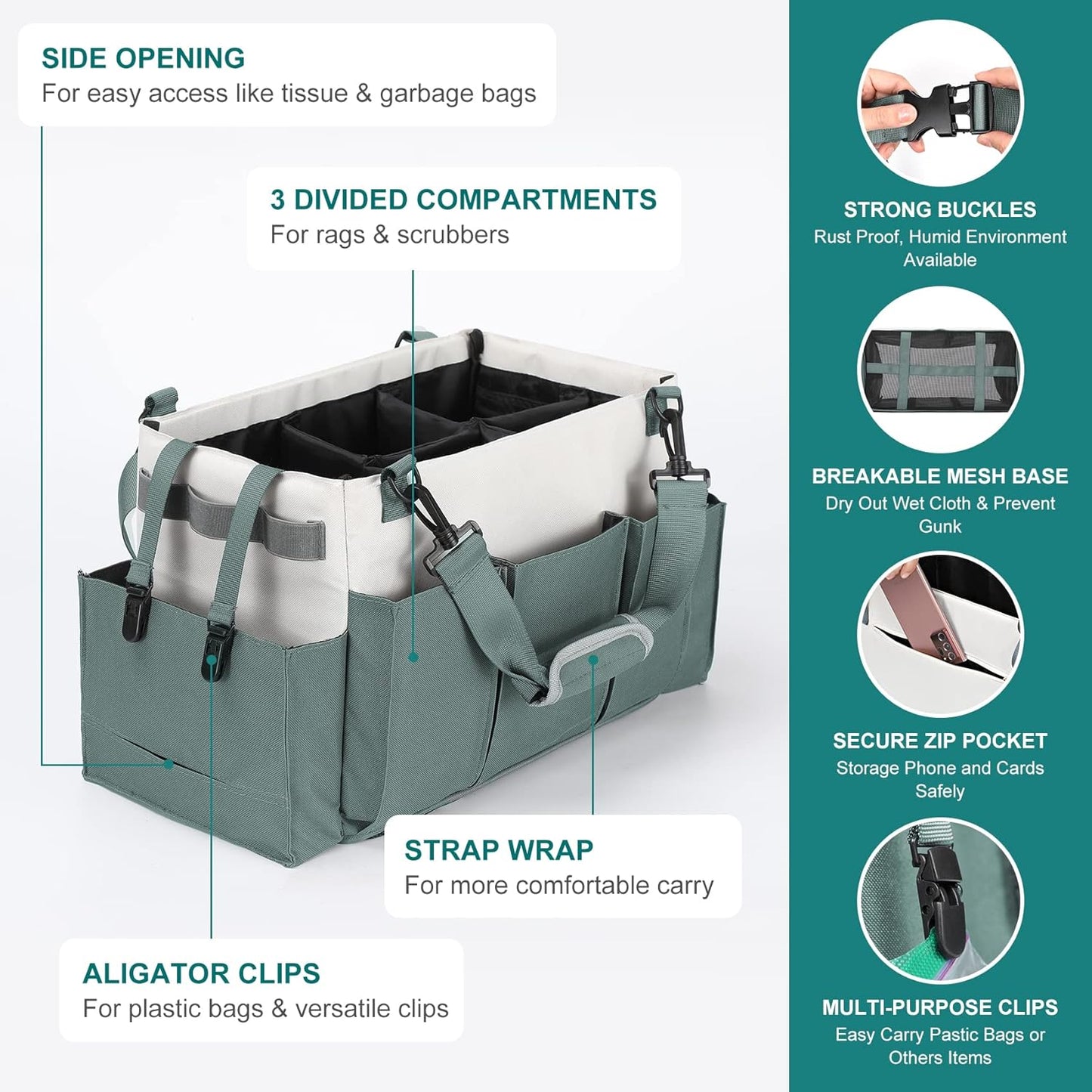 Cleaning Caddy Organizer with Handle, Wearable Bag for Supplies, Tote Shoulder and Waist Straps, Under Sink Tool Multiple Compartments (Large) (QJB-BLS) -