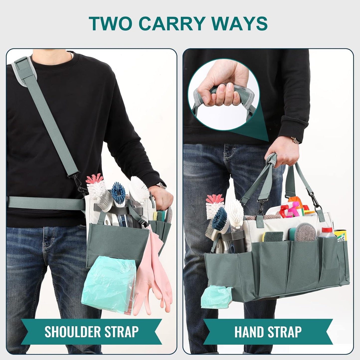 Cleaning Caddy Organizer with Handle, Wearable Bag for Supplies, Tote Shoulder and Waist Straps, Under Sink Tool Multiple Compartments (Large) (QJB-BLS) -