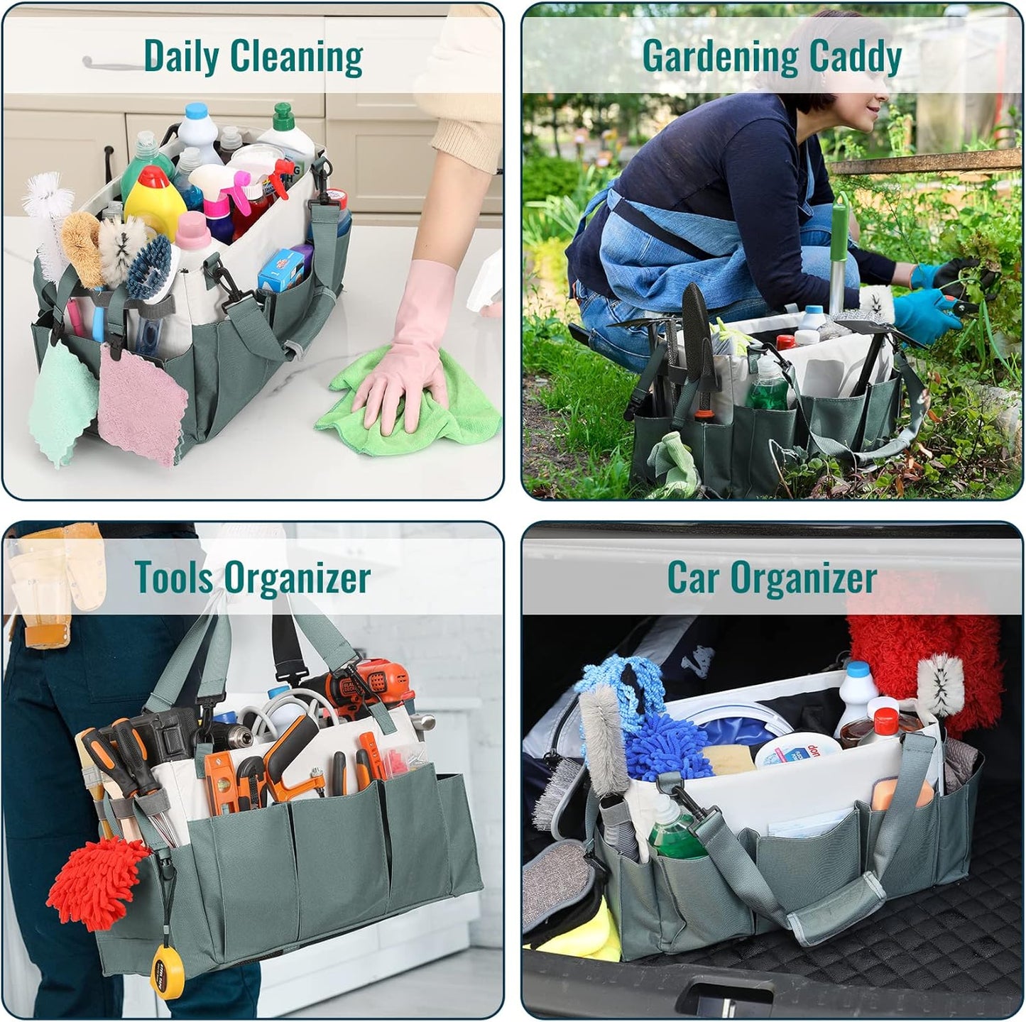 Cleaning Caddy Organizer with Handle, Wearable Bag for Supplies, Tote Shoulder and Waist Straps, Under Sink Tool Multiple Compartments (Large) (QJB-BLS) -