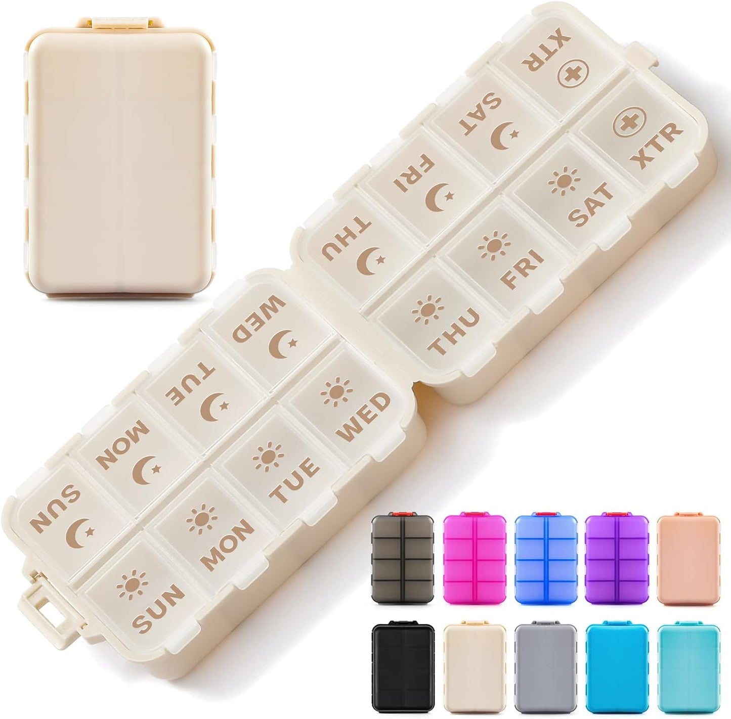 Foldable & Portable Pill Organizer 2 Times A Day with Extra Compartments + 3 Pack 14 GRIDS Travel Box Bulk Meds Labels -