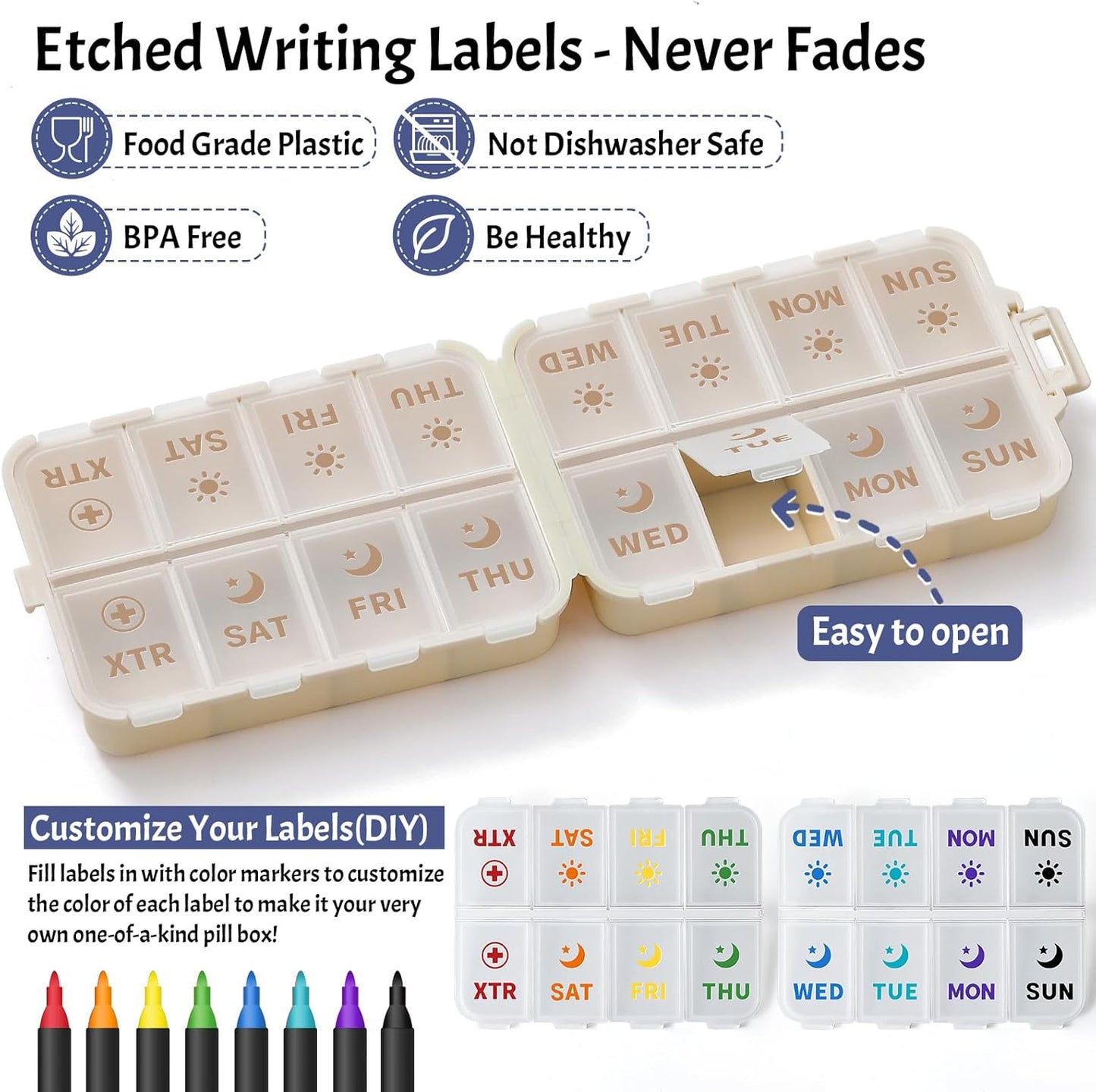 Foldable & Portable Pill Organizer 2 Times A Day with Extra Compartments + 3 Pack 14 GRIDS Travel Box Bulk Meds Labels -