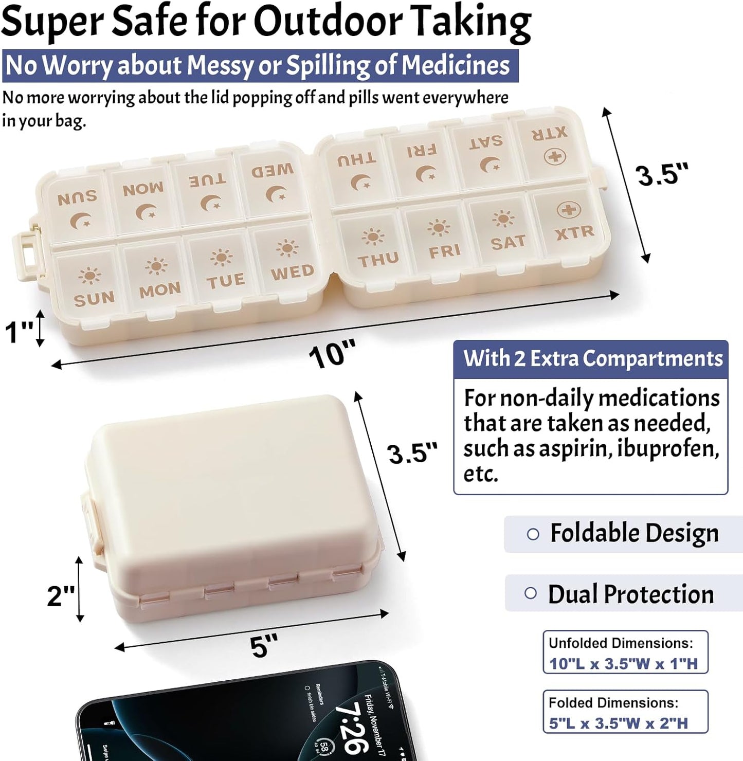 Foldable & Portable Pill Organizer 2 Times A Day with Extra Compartments + 3 Pack 14 GRIDS Travel Box Bulk Meds Labels -