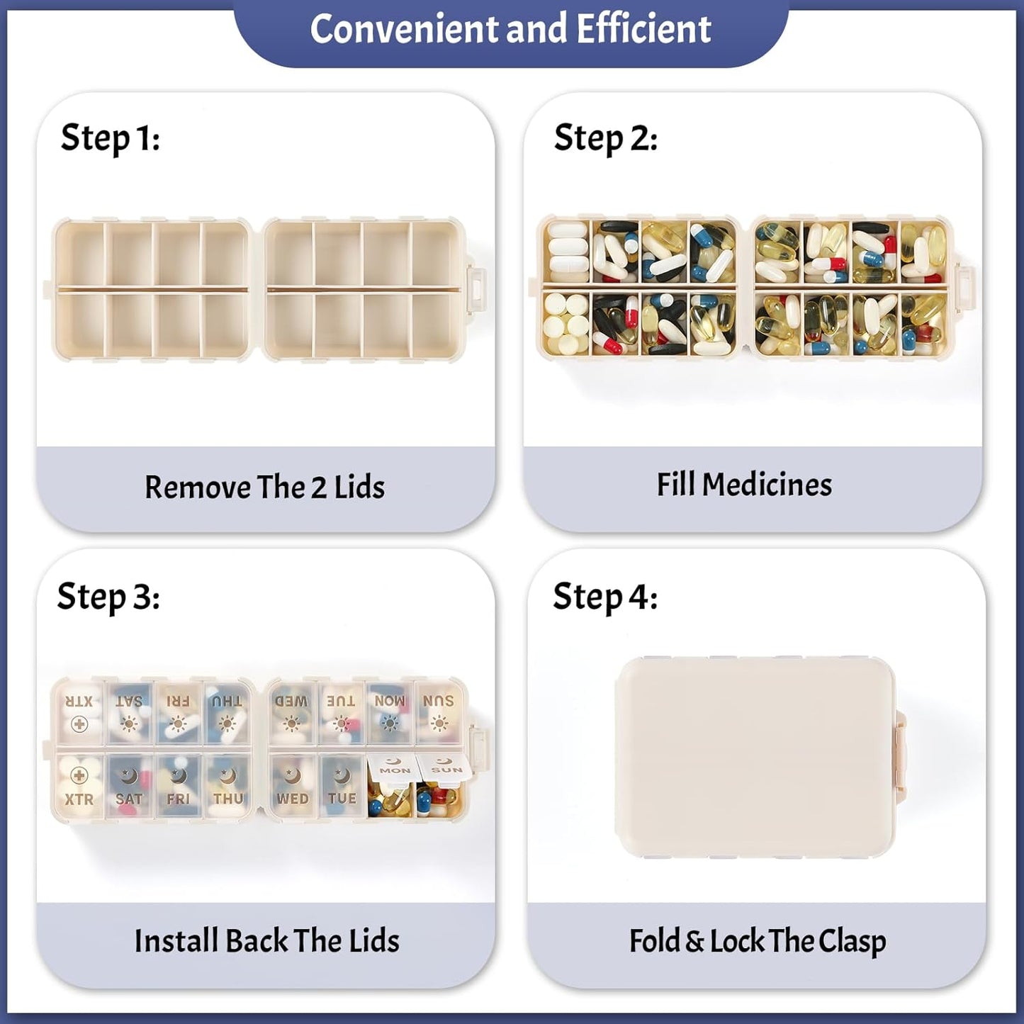 Foldable & Portable Pill Organizer 2 Times A Day with Extra Compartments + 3 Pack 14 GRIDS Travel Box Bulk Meds Labels -