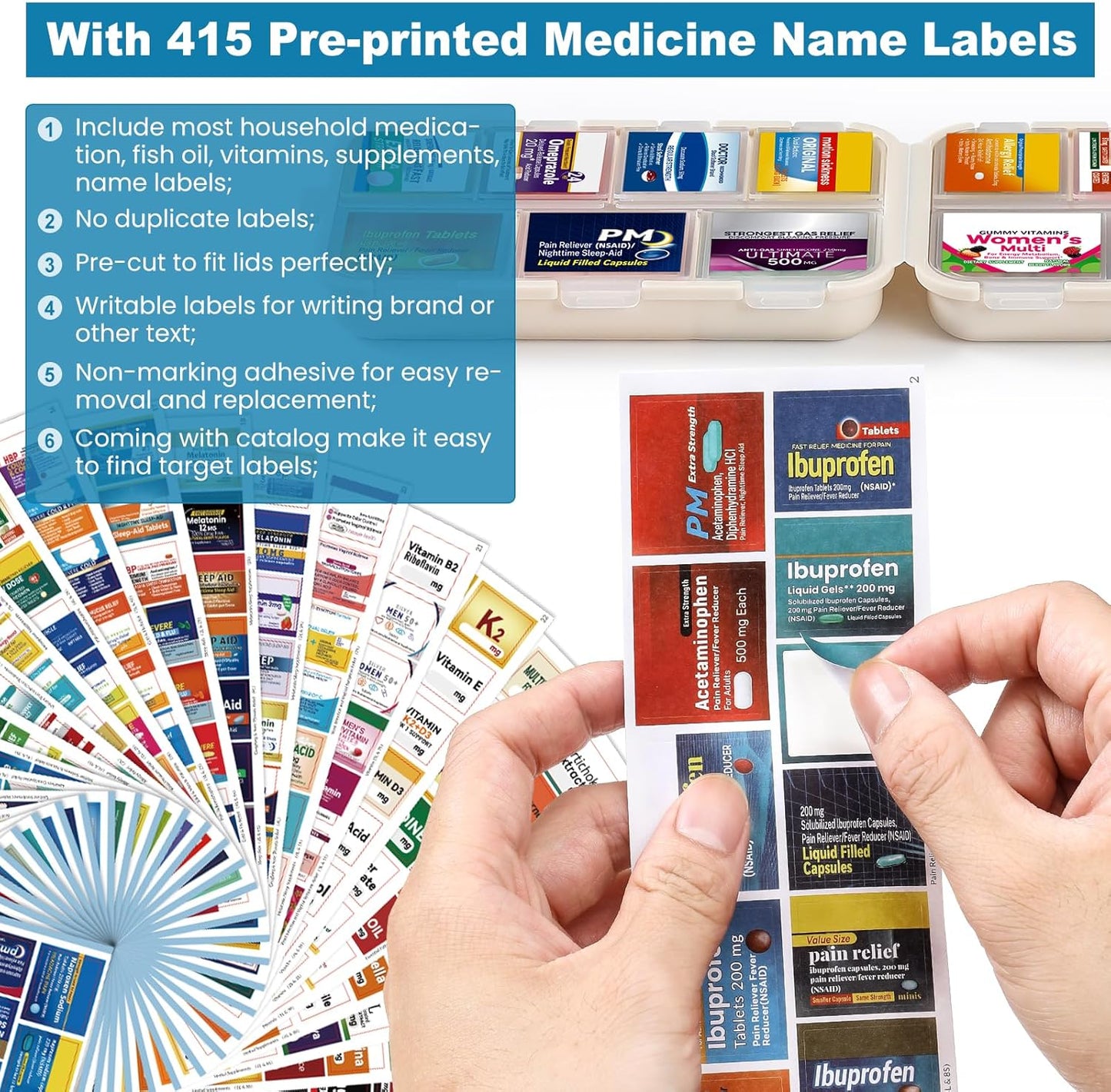 Foldable & Portable Pill Organizer 2 Times A Day with Extra Compartments + 3 Pack 14 GRIDS Travel Box Bulk Meds Labels -