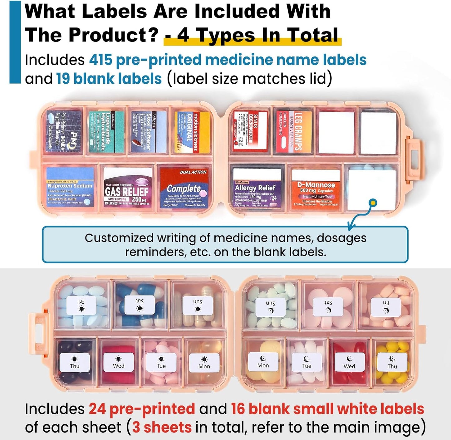 Foldable & Portable Pill Organizer 2 Times A Day with Extra Compartments + 3 Pack 14 GRIDS Travel Box Bulk Meds Labels -