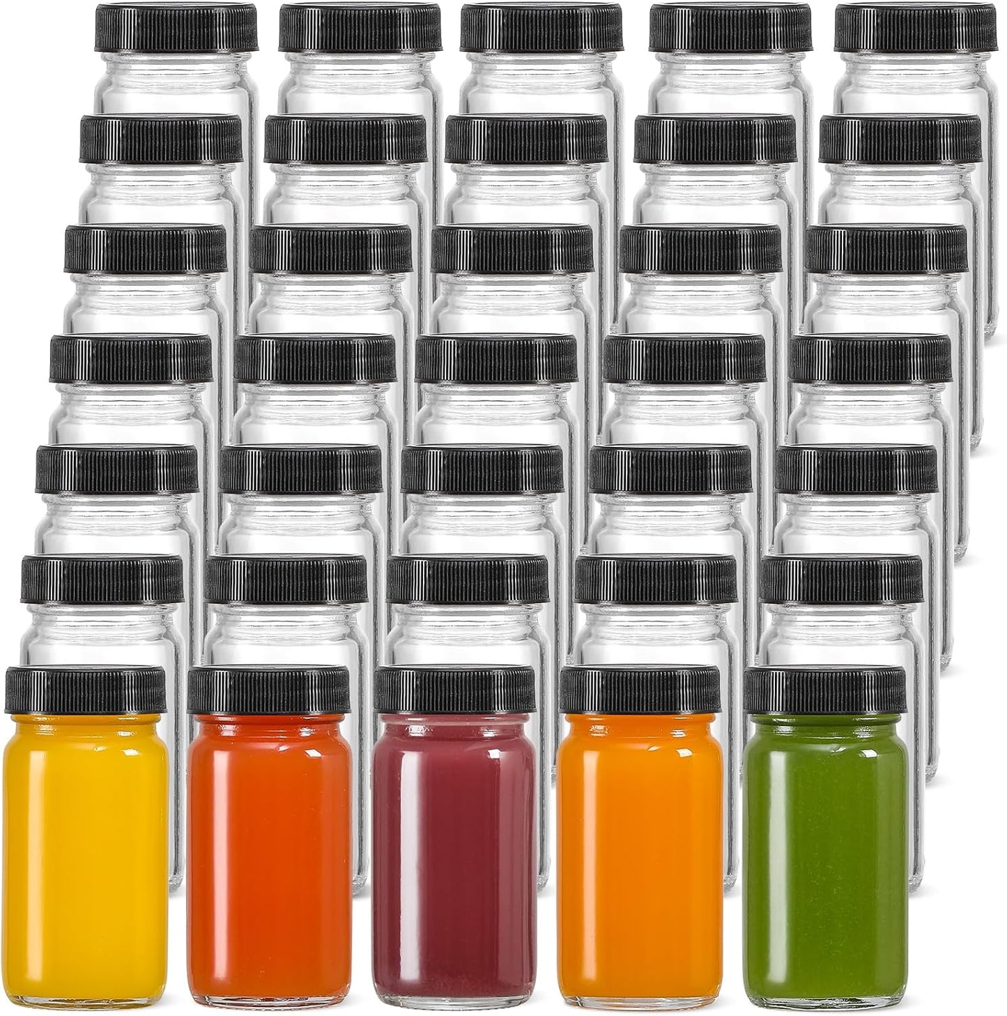 35 Pack 2 oz Glass Shot Bottles w/ Black Lids & Labels - Small Clear Jar for Ginger, Wellness Shot, Juice, Sample, Whiskey Travel Essentials Mini Wide Mouth, Leakproof, Dishwasher Safe