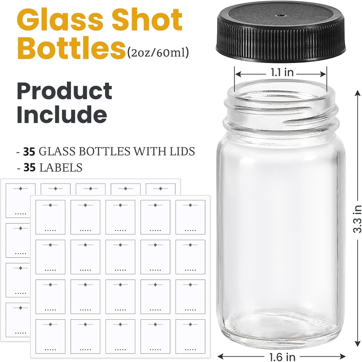 35 Pack 2 oz Glass Shot Bottles w/ Black Lids & Labels - Small Clear Jar for Ginger, Wellness Shot, Juice, Sample, Whiskey Travel Essentials Mini Wide Mouth, Leakproof, Dishwasher Safe