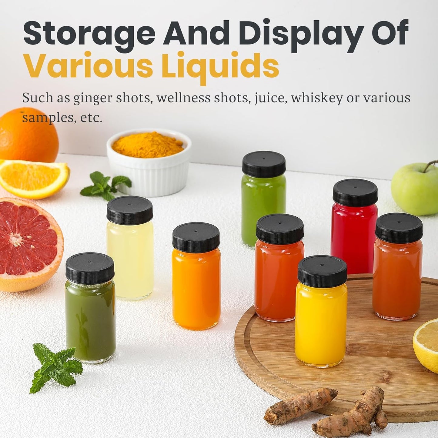 35 Pack 2 oz Glass Shot Bottles w/ Black Lids & Labels - Small Clear Jar for Ginger, Wellness Shot, Juice, Sample, Whiskey Travel Essentials Mini Wide Mouth, Leakproof, Dishwasher Safe