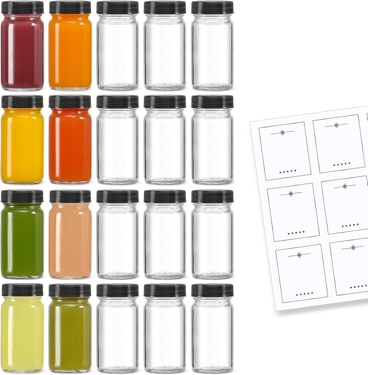 35 Pack 2 oz Glass Shot Bottles w/ Black Lids & Labels - Small Clear Jar for Ginger, Wellness Shot, Juice, Sample, Whiskey Travel Essentials Mini Wide Mouth, Leakproof, Dishwasher Safe