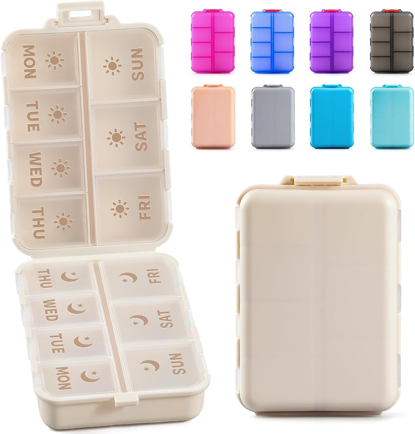 Foldable & Portable Weekly Pill Organizer 2 Times A Day with Etched Labels, Khaki + 14 Grids Travel Box 415-Pcs Medicine Name Labels -