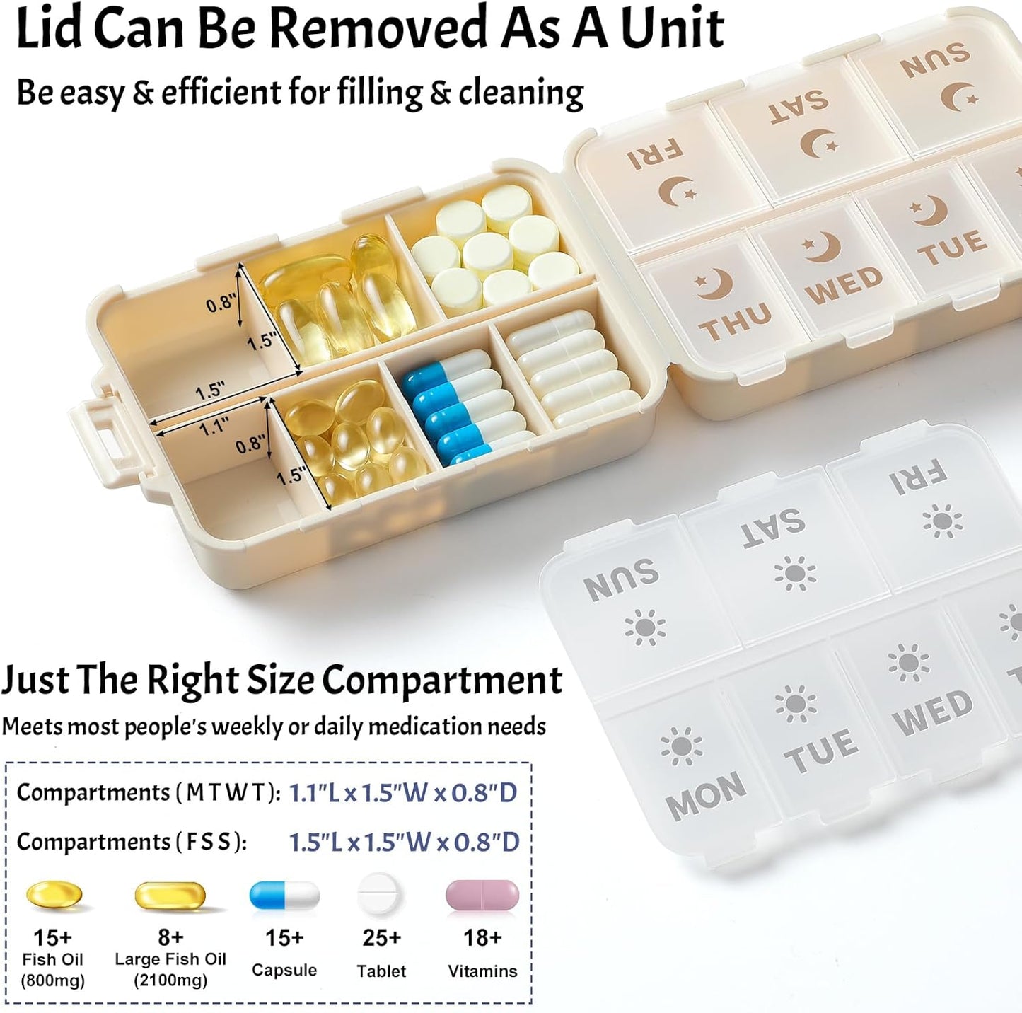 Foldable & Portable Weekly Pill Organizer 2 Times A Day with Etched Labels, Khaki + 14 Grids Travel Box 415-Pcs Medicine Name Labels -
