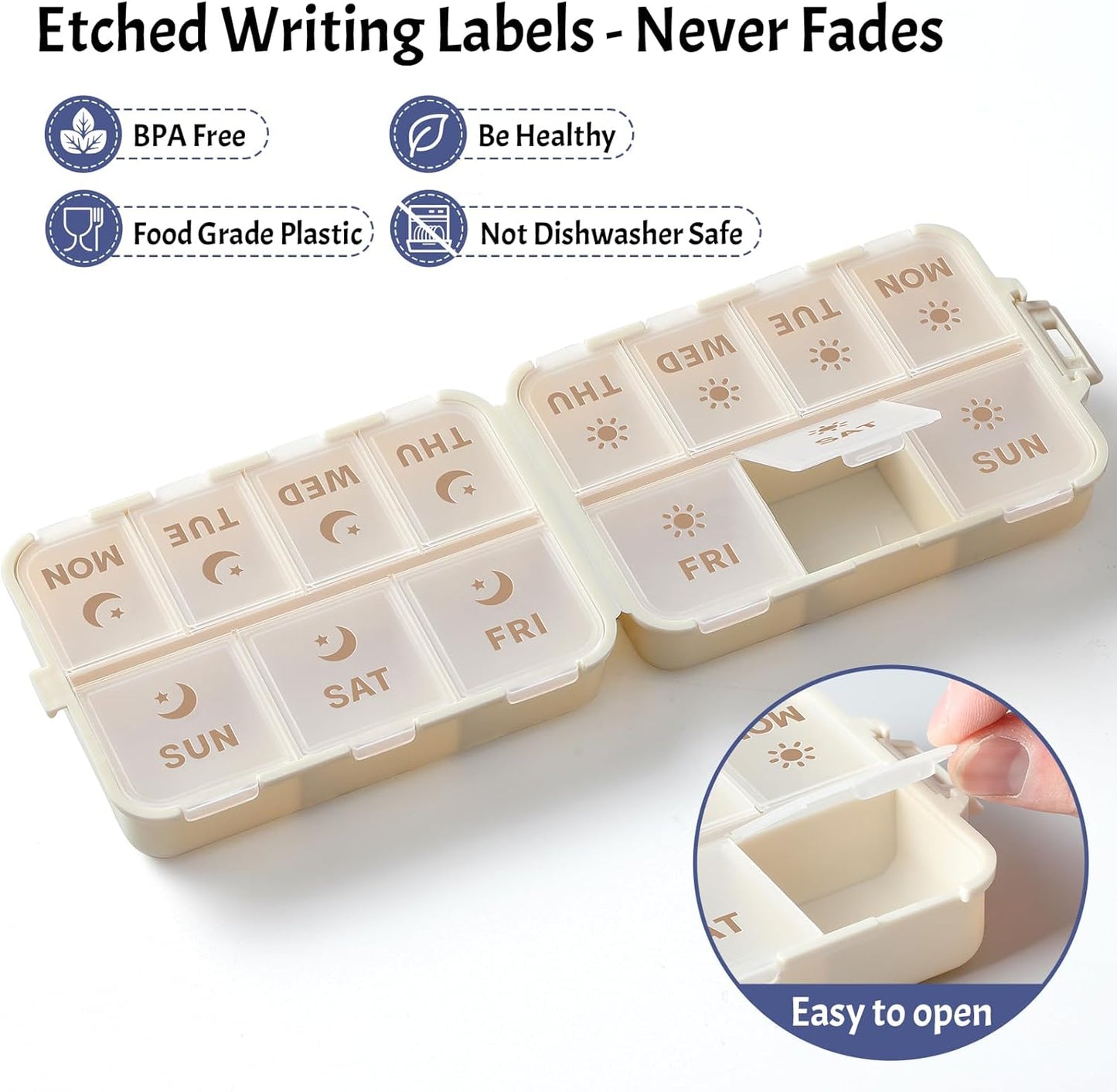 Foldable & Portable Weekly Pill Organizer 2 Times A Day with Etched Labels, Khaki + 14 Grids Travel Box 415-Pcs Medicine Name Labels -
