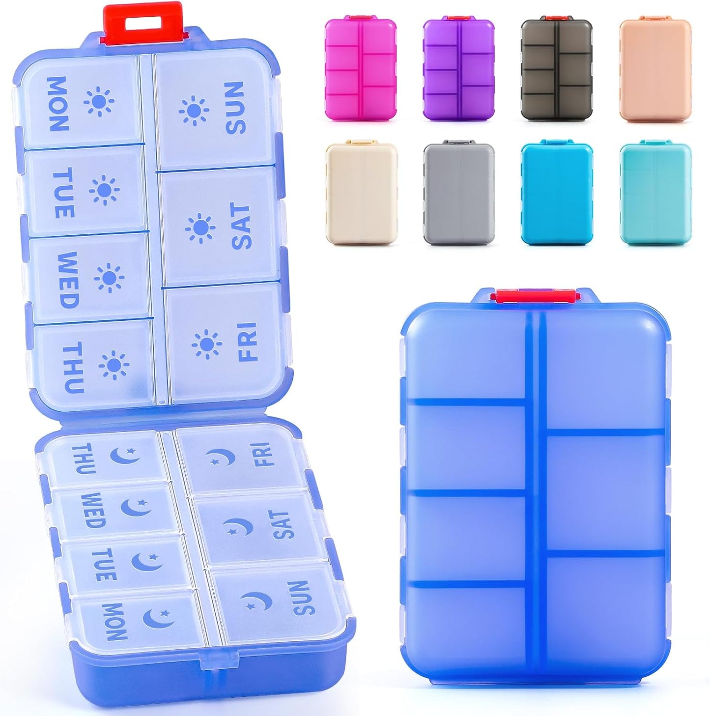 Foldable & Portable Weekly Pill Organizer 2 Times A Day with Etched Labels, Clear Blue + 3 Pack 14 Grids Travel Box 415-Pcs Medicine Name Labels -