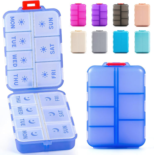 Foldable & Portable Weekly Pill Organizer 2 Times A Day with Etched Labels, Clear Blue + 3 Pack 14 Grids Travel Box 415-Pcs Medicine Name Labels -
