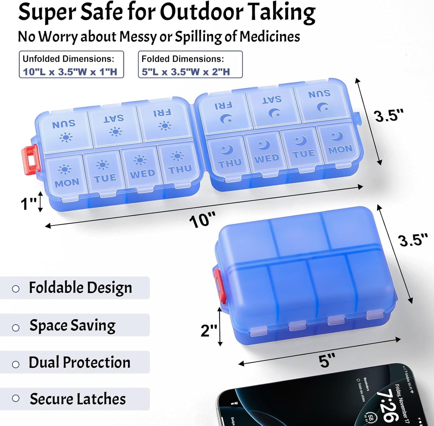 Foldable & Portable Weekly Pill Organizer 2 Times A Day with Etched Labels, Clear Blue + 3 Pack 14 Grids Travel Box 415-Pcs Medicine Name Labels -