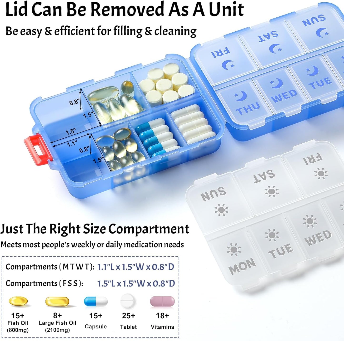 Foldable & Portable Weekly Pill Organizer 2 Times A Day with Etched Labels, Clear Blue + 3 Pack 14 Grids Travel Box 415-Pcs Medicine Name Labels -
