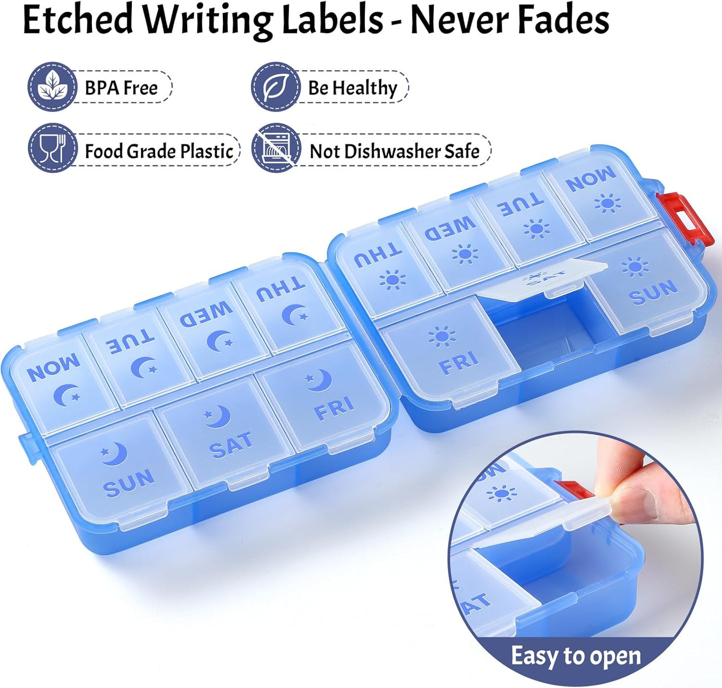 Foldable & Portable Weekly Pill Organizer 2 Times A Day with Etched Labels, Clear Blue + 3 Pack 14 Grids Travel Box 415-Pcs Medicine Name Labels -