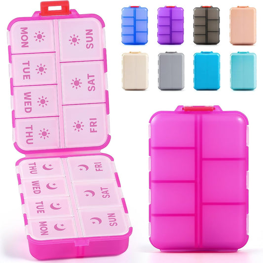 Foldable & Portable Weekly Pill Organizer 2 Times A Day with Etched Labels, Clear Pink + 3 Pack 14 Grids Travel Box 415-Pcs Medicine Name Labels -