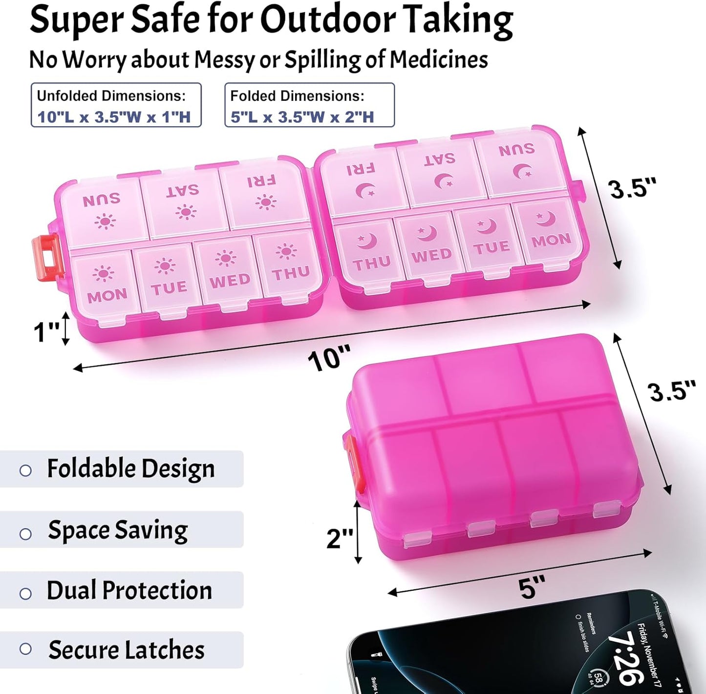 Foldable & Portable Weekly Pill Organizer 2 Times A Day with Etched Labels, Clear Pink + 3 Pack 14 Grids Travel Box 415-Pcs Medicine Name Labels -