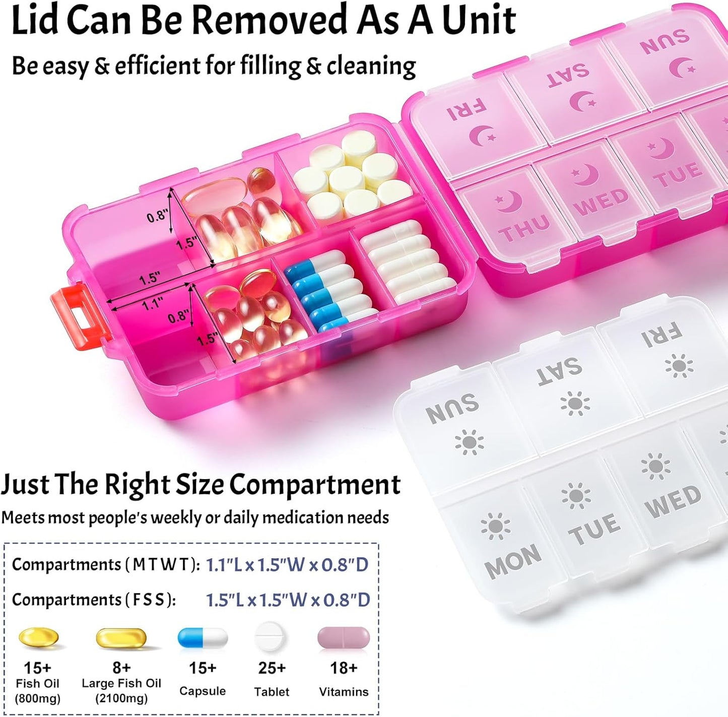 Foldable & Portable Weekly Pill Organizer 2 Times A Day with Etched Labels, Clear Pink + 3 Pack 14 Grids Travel Box 415-Pcs Medicine Name Labels -