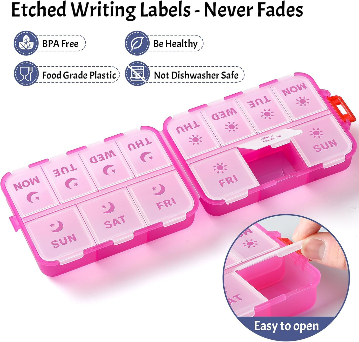 Foldable & Portable Weekly Pill Organizer 2 Times A Day with Etched Labels, Clear Pink + 3 Pack 14 Grids Travel Box 415-Pcs Medicine Name Labels -