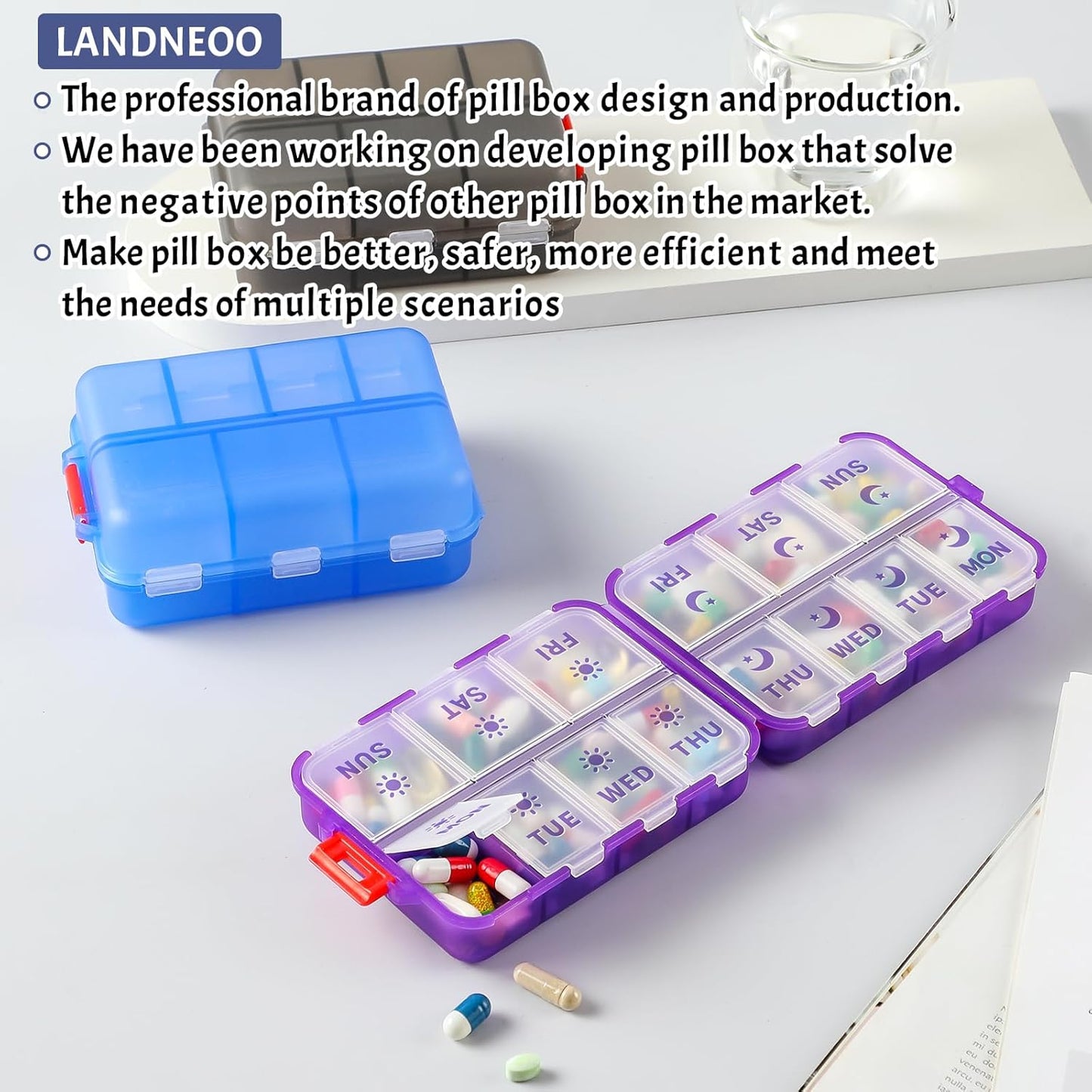 Foldable & Portable Weekly Pill Organizer 2 Times A Day with Etched Labels, Clear Pink + 3 Pack 14 Grids Travel Box 415-Pcs Medicine Name Labels -