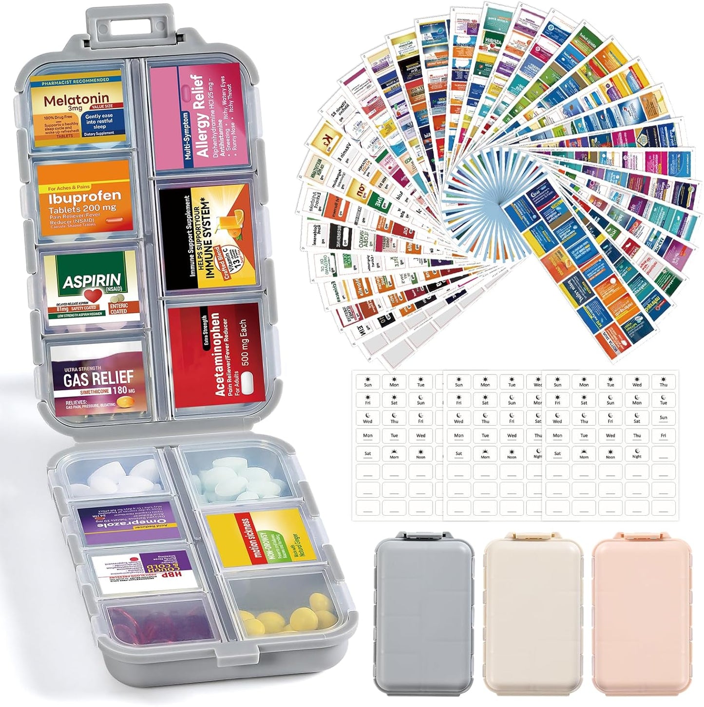 Foldable & Portable Weekly Pill Organizer 2 Times A Day with Etched Labels, Clear Pink + 3 Pack 14 Grids Travel Box 415-Pcs Medicine Name Labels -