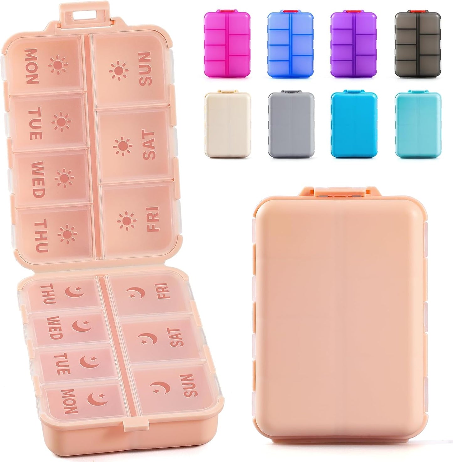 Foldable & Portable Weekly Pill Organizer 2 Times A Day with Etched Labels, PInk + 3 Pack 14 Grids Travel Box 415-Pcs Medicine Name Labels -