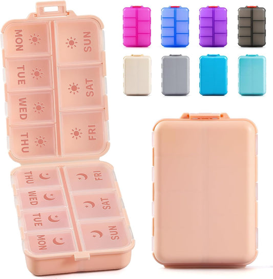 Foldable & Portable Weekly Pill Organizer 2 Times A Day with Etched Labels, PInk + 3 Pack 14 Grids Travel Box 415-Pcs Medicine Name Labels -
