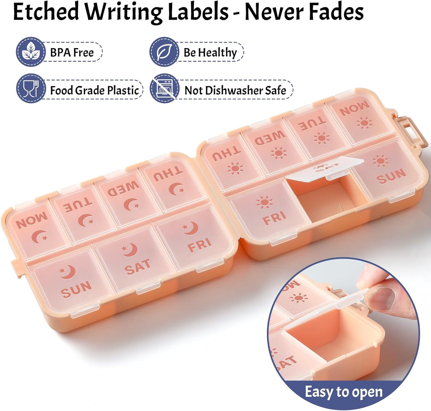 Foldable & Portable Weekly Pill Organizer 2 Times A Day with Etched Labels, PInk + 3 Pack 14 Grids Travel Box 415-Pcs Medicine Name Labels -