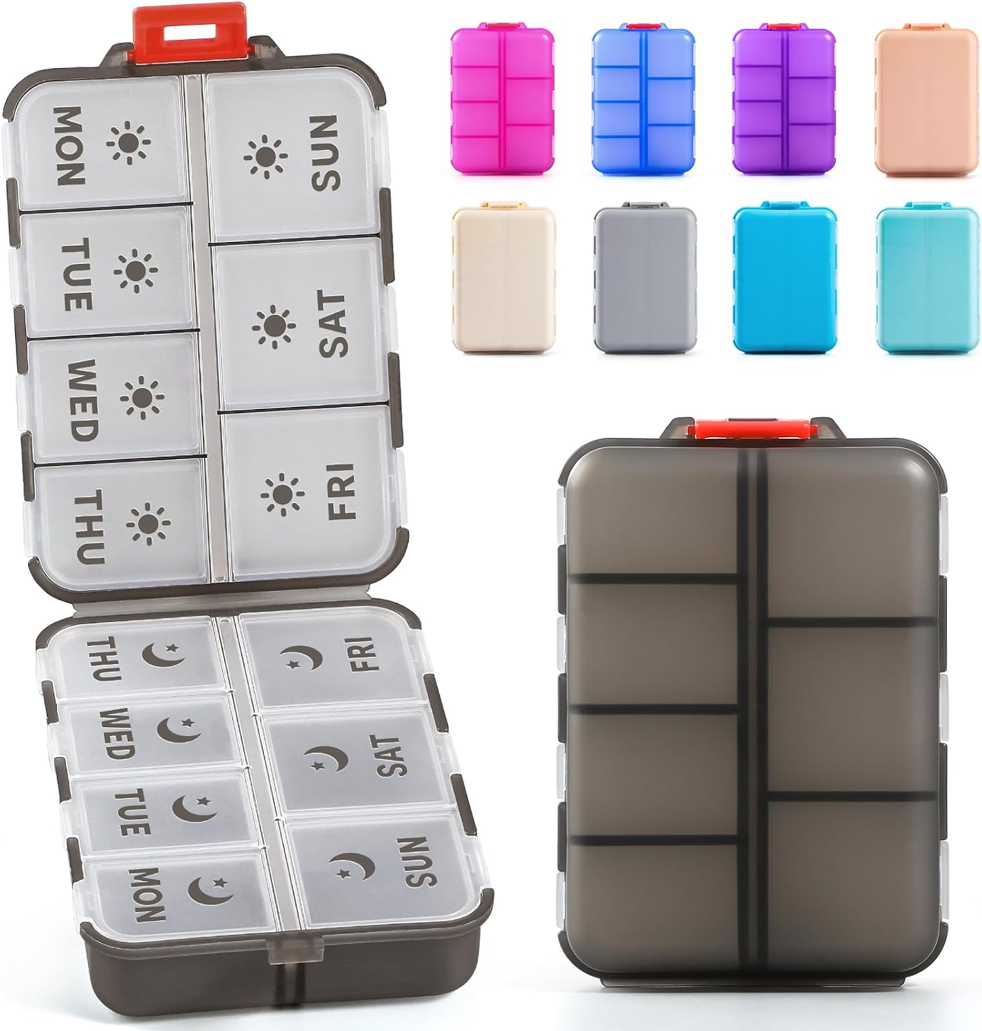 Foldable & Portable Weekly Pill Organizer 2 Times A Day with Etched Labels, Clear Black + 3 Pack 14 Grids Travel Box 415-Pcs Medicine Name Labels -