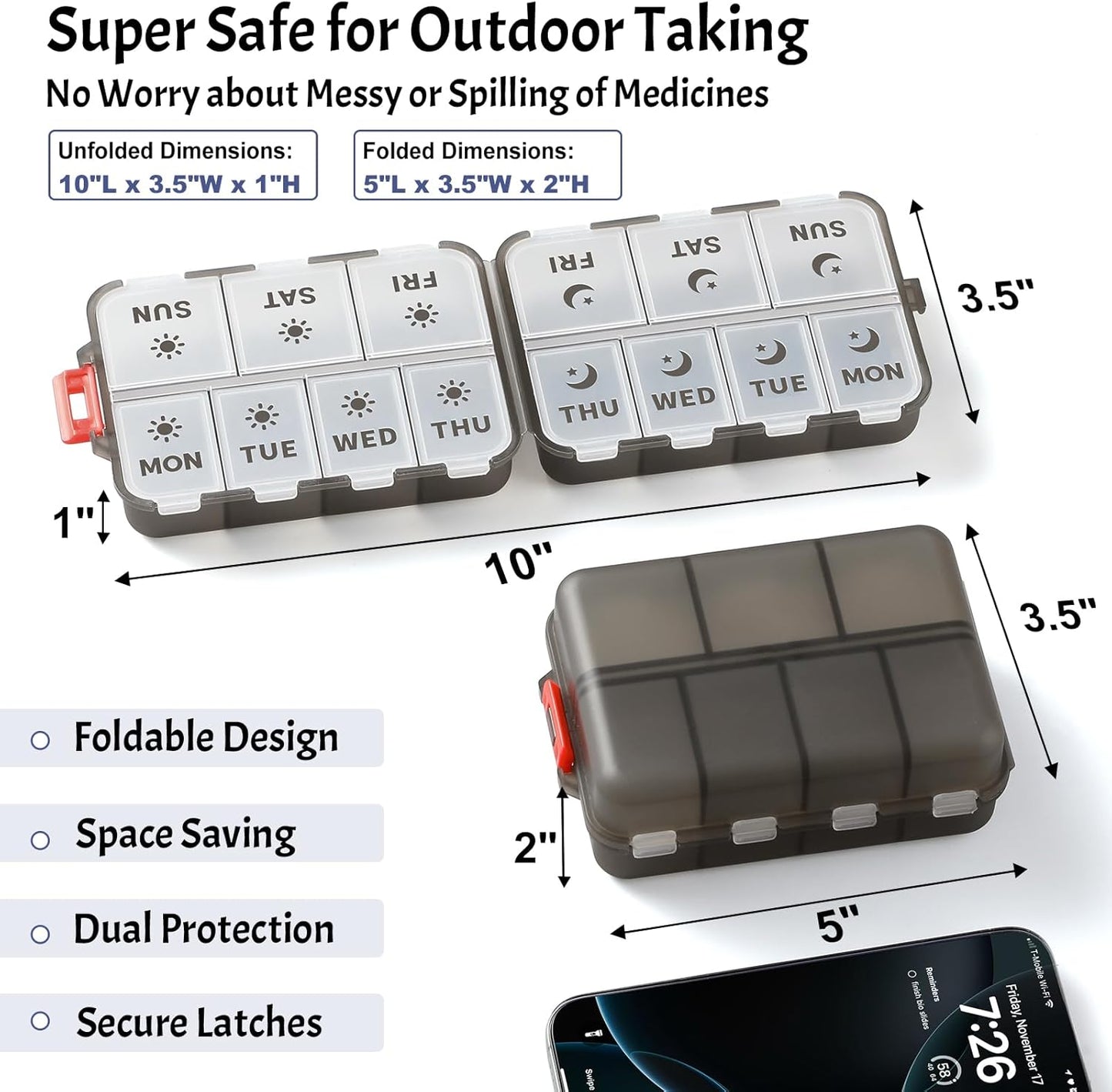 Foldable & Portable Weekly Pill Organizer 2 Times A Day with Etched Labels, Clear Black + 3 Pack 14 Grids Travel Box 415-Pcs Medicine Name Labels -