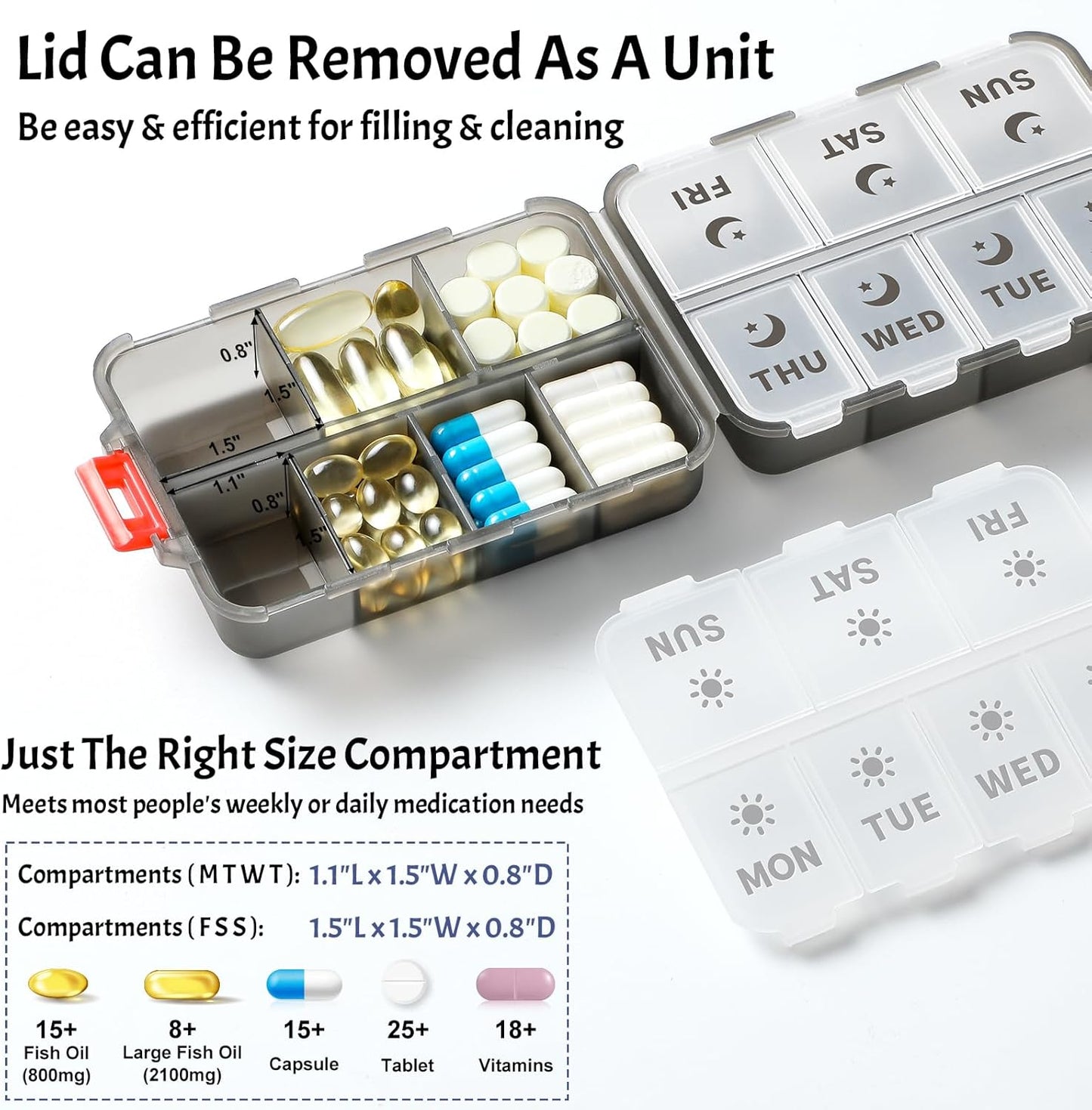 Foldable & Portable Weekly Pill Organizer 2 Times A Day with Etched Labels, Clear Black + 3 Pack 14 Grids Travel Box 415-Pcs Medicine Name Labels -