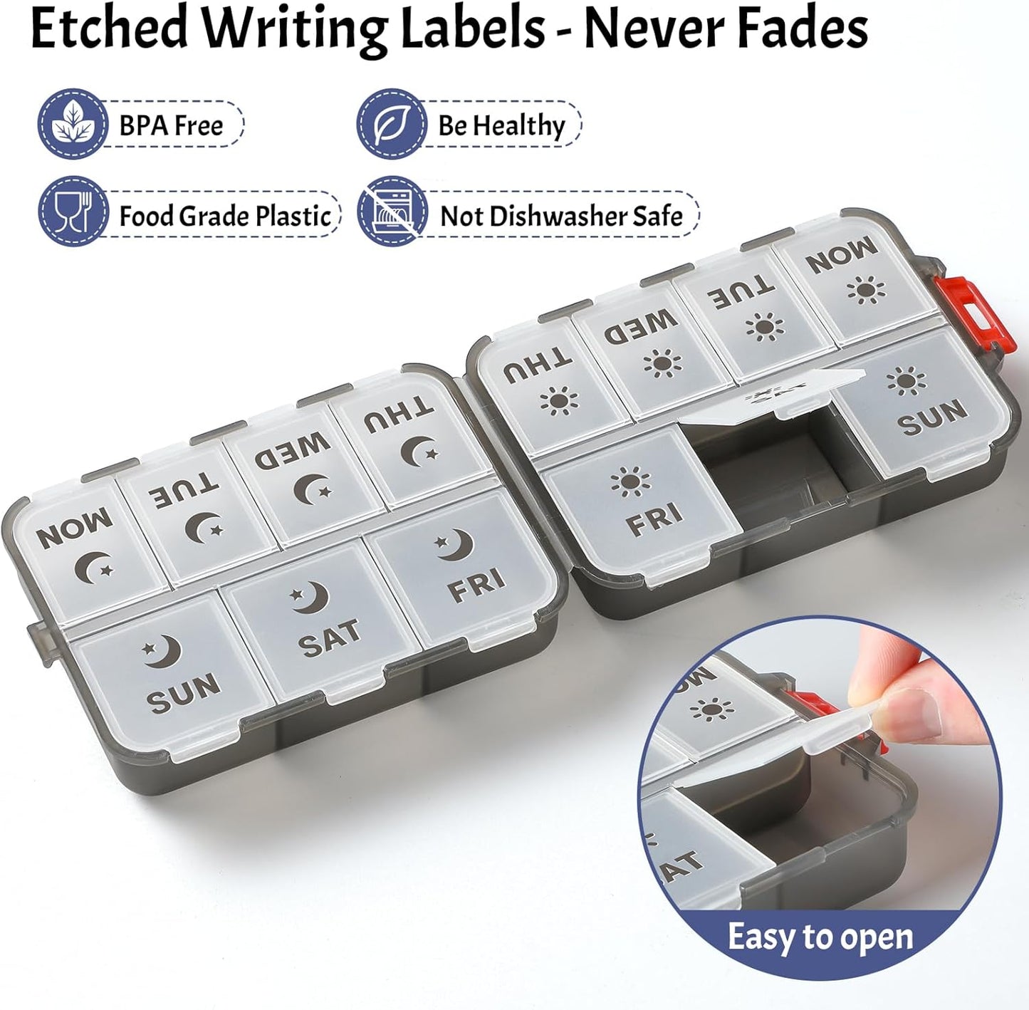 Foldable & Portable Weekly Pill Organizer 2 Times A Day with Etched Labels, Clear Black + 3 Pack 14 Grids Travel Box 415-Pcs Medicine Name Labels -