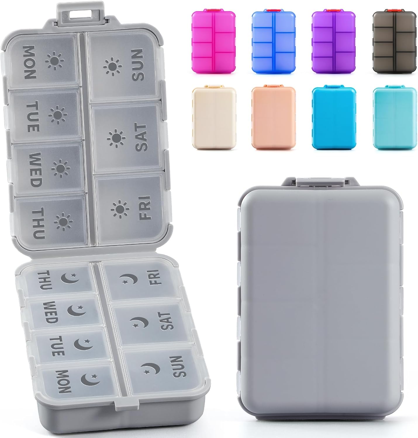 Foldable & Portable Weekly Pill Organizer 2 Times A Day with Etched Labels, Grey + 3 Pack 14 Grids Travel Box 415-Pcs Medicine Name Labels -
