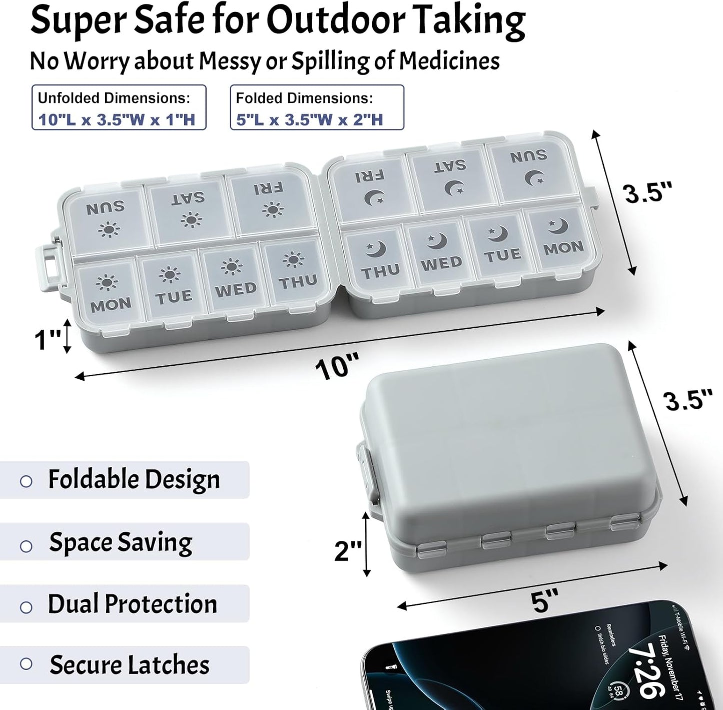 Foldable & Portable Weekly Pill Organizer 2 Times A Day with Etched Labels, Grey + 3 Pack 14 Grids Travel Box 415-Pcs Medicine Name Labels -