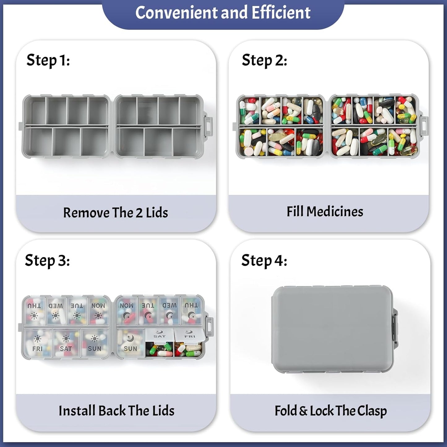 Foldable & Portable Weekly Pill Organizer 2 Times A Day with Etched Labels, Grey + 3 Pack 14 Grids Travel Box 415-Pcs Medicine Name Labels -
