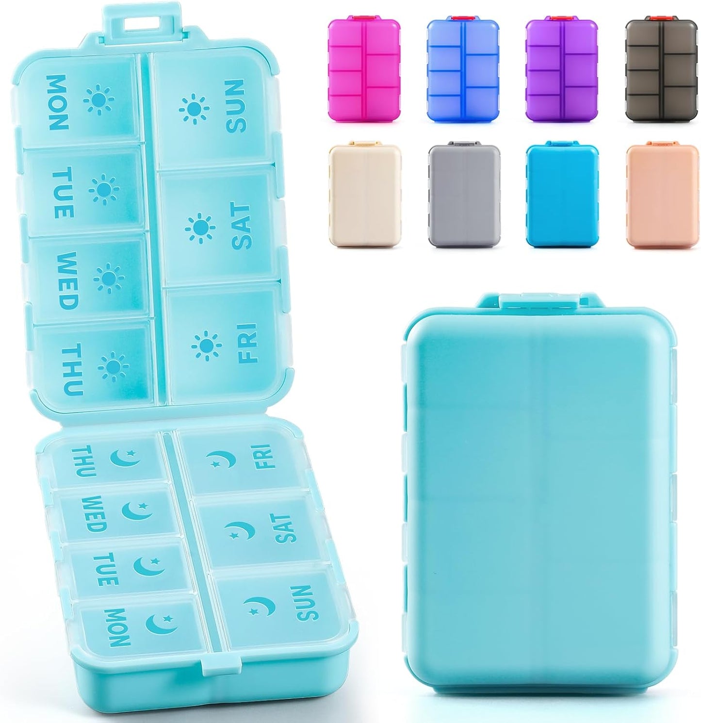 Foldable & Portable Weekly Pill Organizer 2 Times A Day with Etched Labels, Sky Blue + 3 Pack 14 Grids Travel Box 415-Pcs Medicine Name Labels -