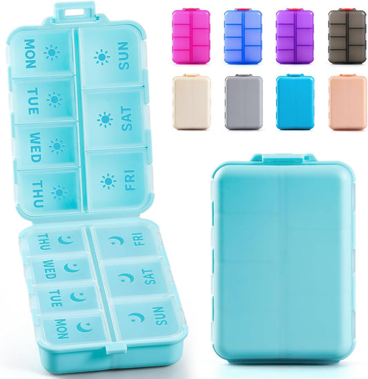 Foldable & Portable Weekly Pill Organizer 2 Times A Day with Etched Labels, Sky Blue + 3 Pack 14 Grids Travel Box 415-Pcs Medicine Name Labels -