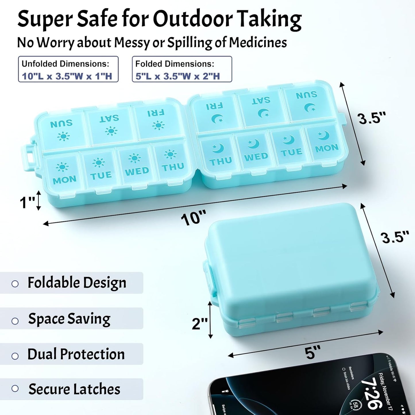 Foldable & Portable Weekly Pill Organizer 2 Times A Day with Etched Labels, Sky Blue + 3 Pack 14 Grids Travel Box 415-Pcs Medicine Name Labels -