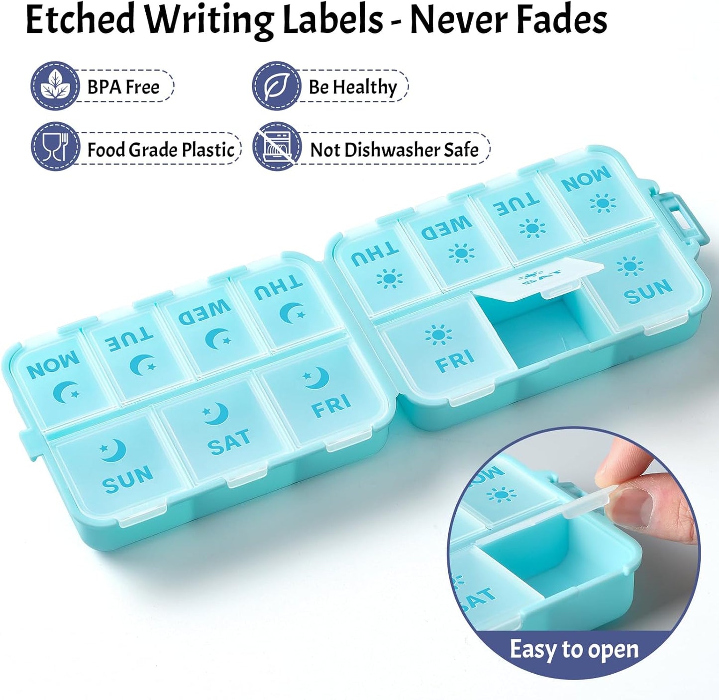Foldable & Portable Weekly Pill Organizer 2 Times A Day with Etched Labels, Sky Blue + 3 Pack 14 Grids Travel Box 415-Pcs Medicine Name Labels -