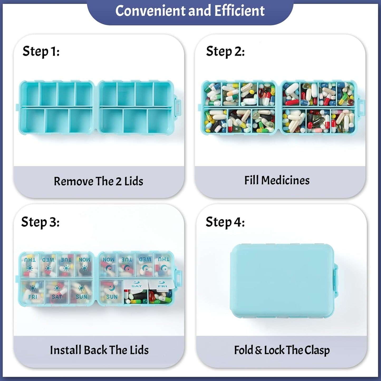 Foldable & Portable Weekly Pill Organizer 2 Times A Day with Etched Labels, Sky Blue + 3 Pack 14 Grids Travel Box 415-Pcs Medicine Name Labels -