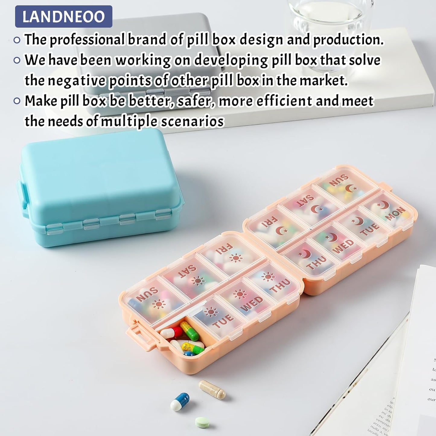Foldable & Portable Weekly Pill Organizer 2 Times A Day with Etched Labels, Sky Blue + 3 Pack 14 Grids Travel Box 415-Pcs Medicine Name Labels -
