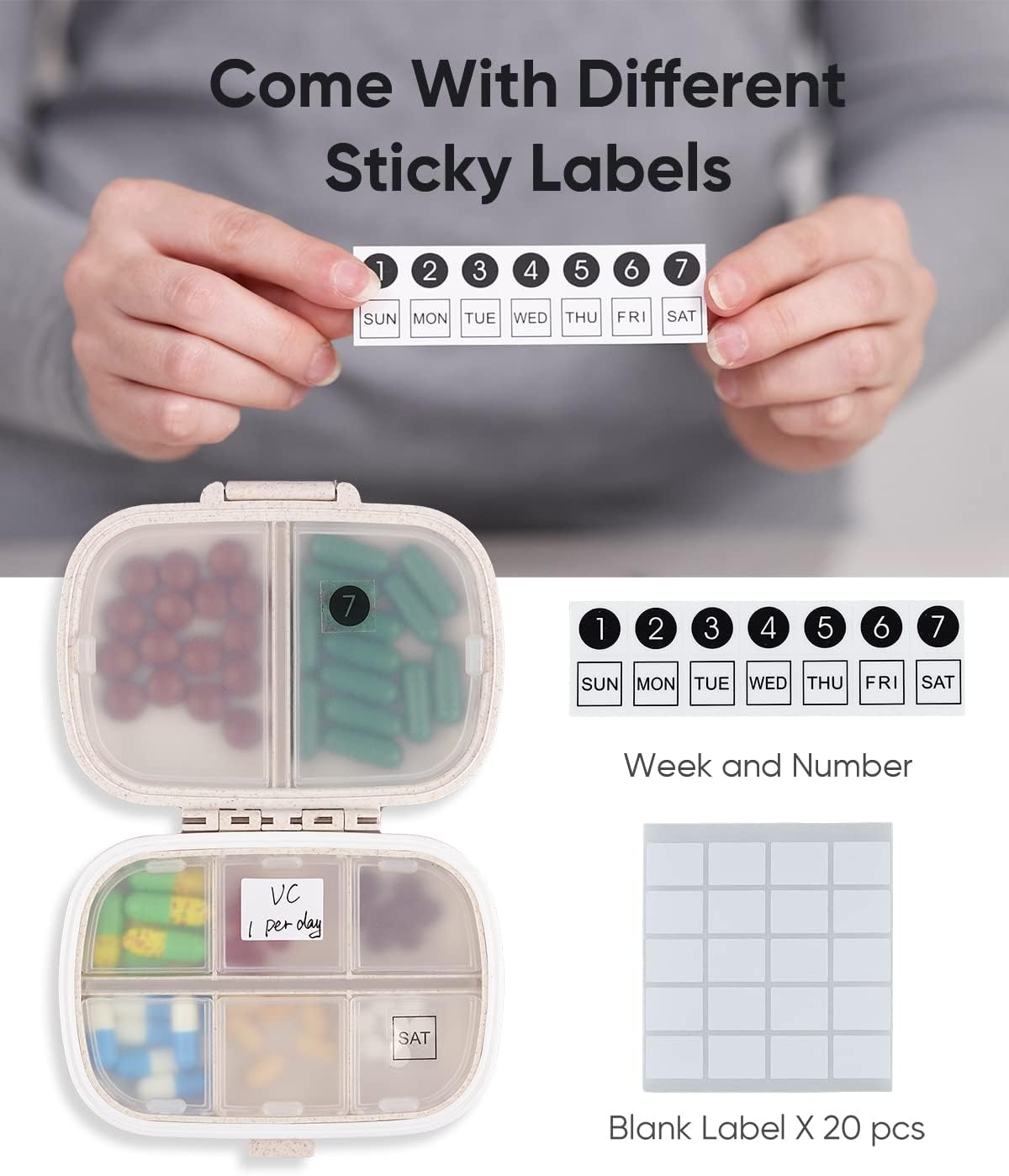 Travel Pill Organizer, 8 Compartments Portable Case, Daily Box to Hold Vitamins, Small Container for Pocket Purse Medicine Organizer（Khaki） Khaki -