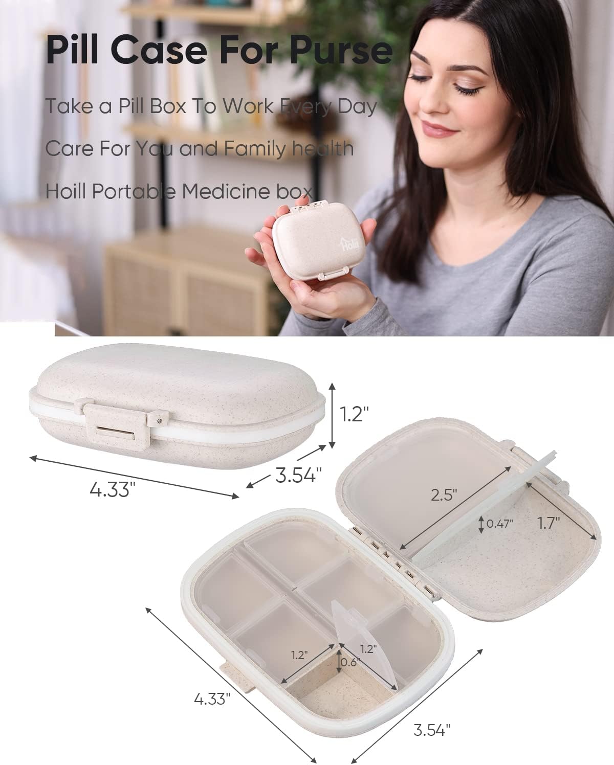 Travel Pill Organizer, 8 Compartments Portable Case, Daily Box to Hold Vitamins, Small Container for Pocket Purse Medicine Organizer（Khaki） Khaki -
