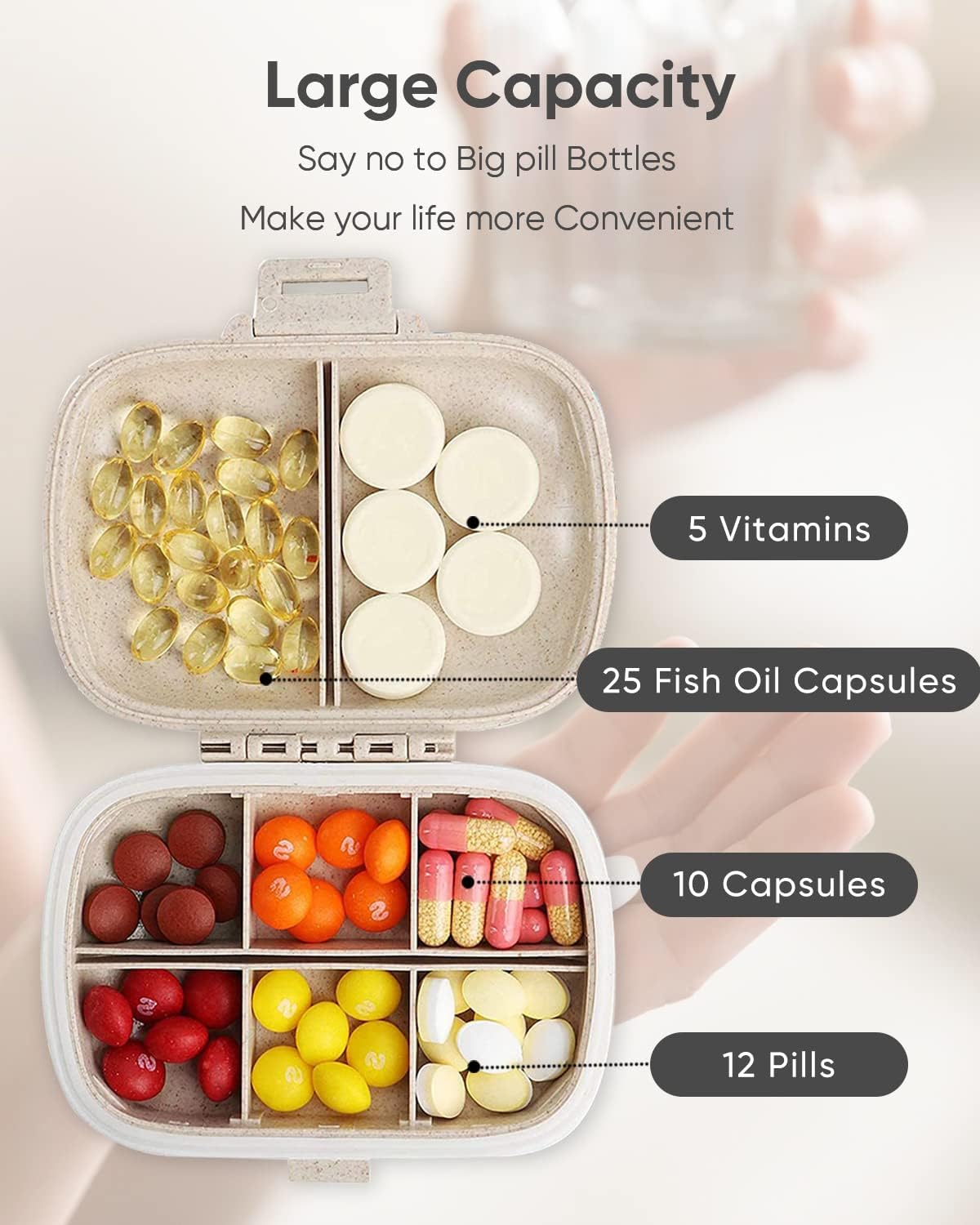 Travel Pill Organizer, 8 Compartments Portable Case, Daily Box to Hold Vitamins, Small Container for Pocket Purse Medicine Organizer（Khaki） Khaki -