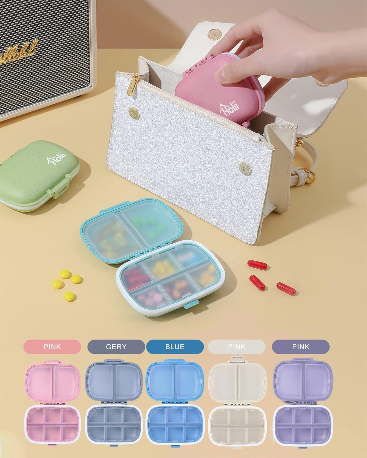 Travel Pill Organizer, 8 Compartments Portable Case, Daily Box to Hold Vitamins, Small Container for Pocket Purse Medicine Organizer（Khaki） Khaki -