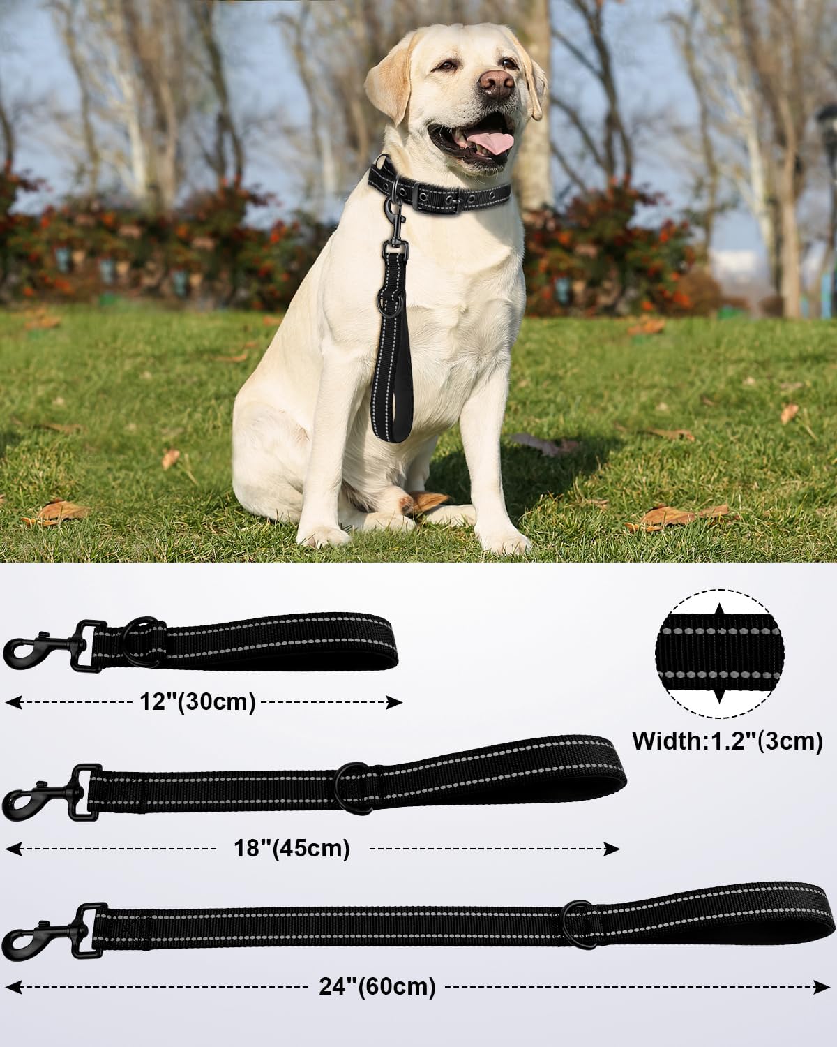 Strong Short Dog Leash 18 Inch, 1.2 Inch Wide, Heavy Duty, Padded Handle for Traffic Control, Reflective Medium and Large Dogs Walking Training, Black 1.5 ft
