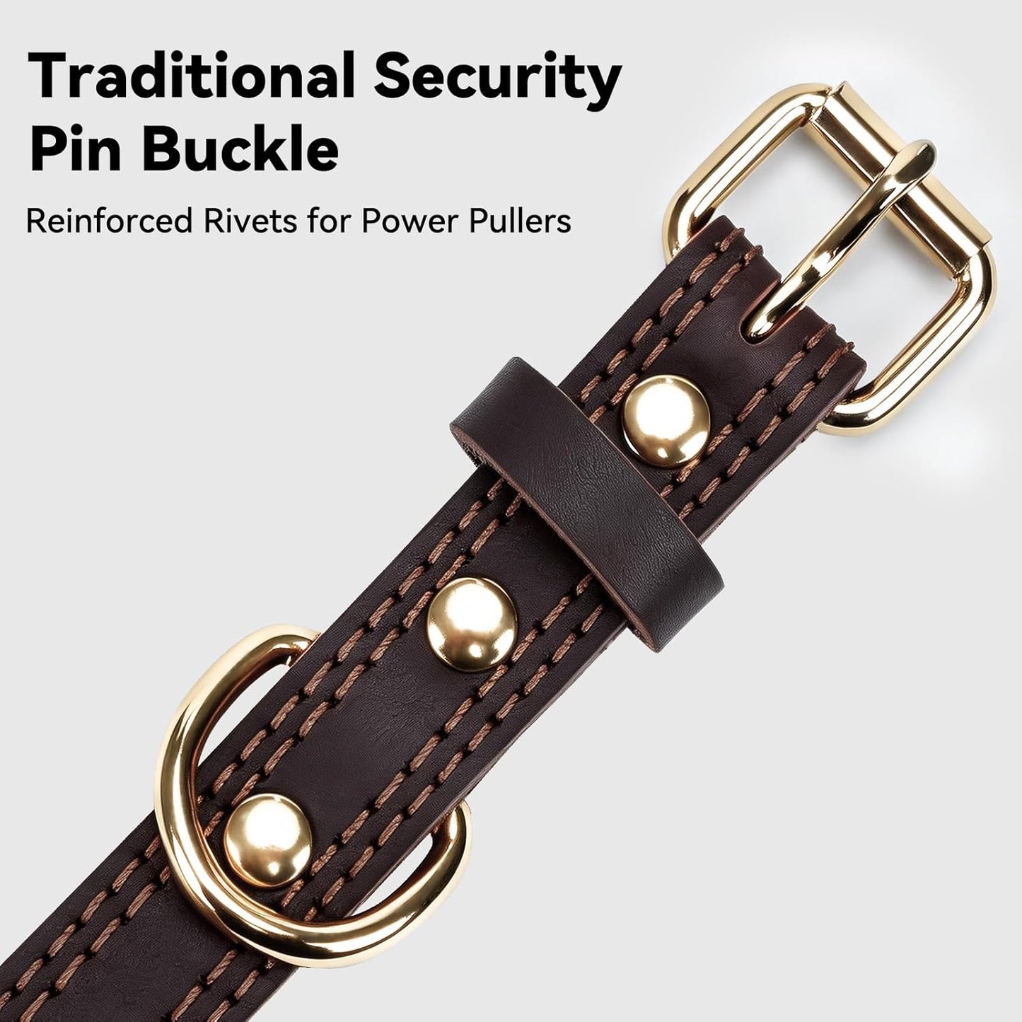 Genuine Leather Dog Collar for Large Dogs, Heavy Duty Thick Solid Power Breeds, Sturdy Adjustable Pet with Metal Pin Buckle, Durable Daily Walking, Brown, L Brown