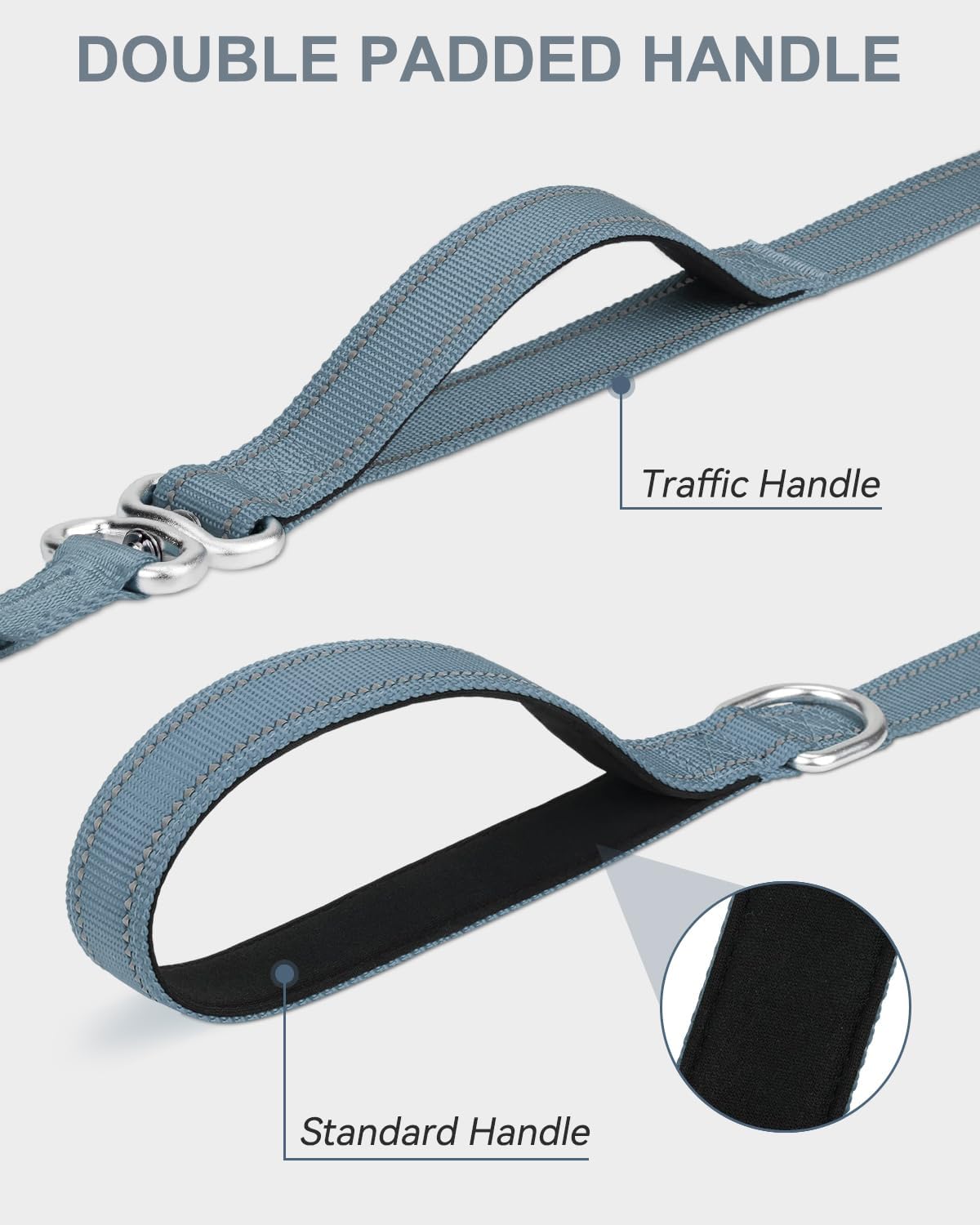 Tangle-Free Slip Leads for Dogs, 6 FT Leash with Padded Double Handle, Reflective Nylon Training Small Medium Dogs 15-40 Lbs, Gray Feet(15-40lbs)